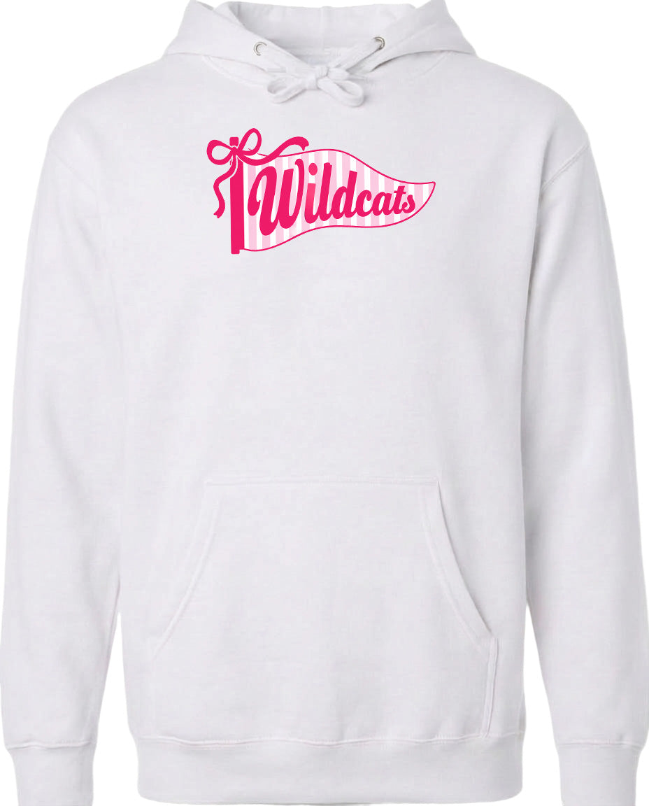 A white hoodie with a pink and white graphic design featuring the word "Wildcats" on the front.