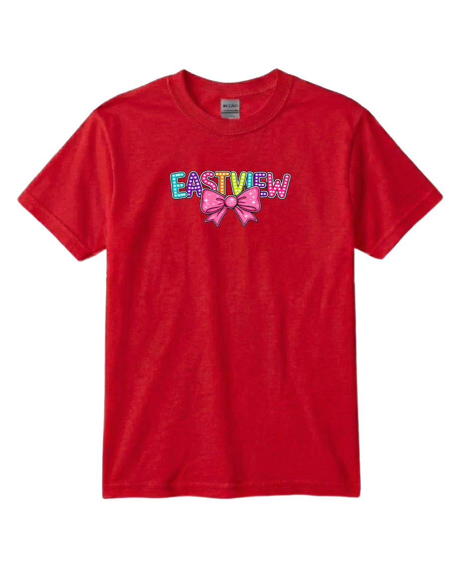 A red t-shirt with the word "EASTVIEW" printed on it, along with a bow graphic.