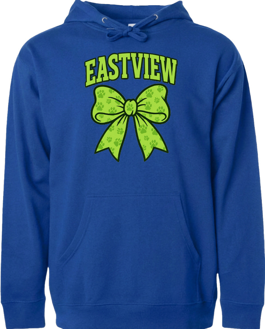 A blue hoodie with a yellow bow and paw print design.