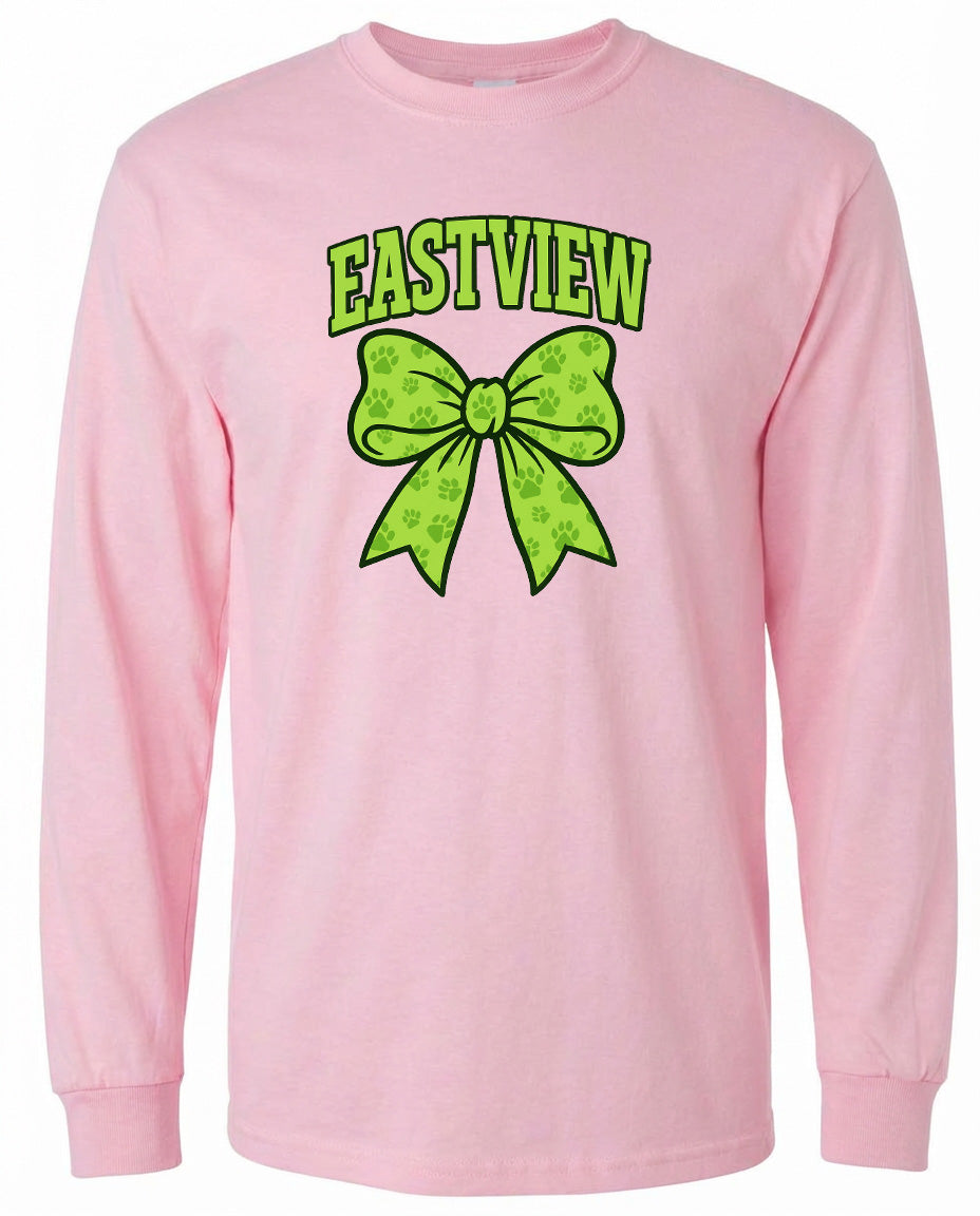 A pink long-sleeved shirt with a green bow and the word "EASTVIEW" printed on it.