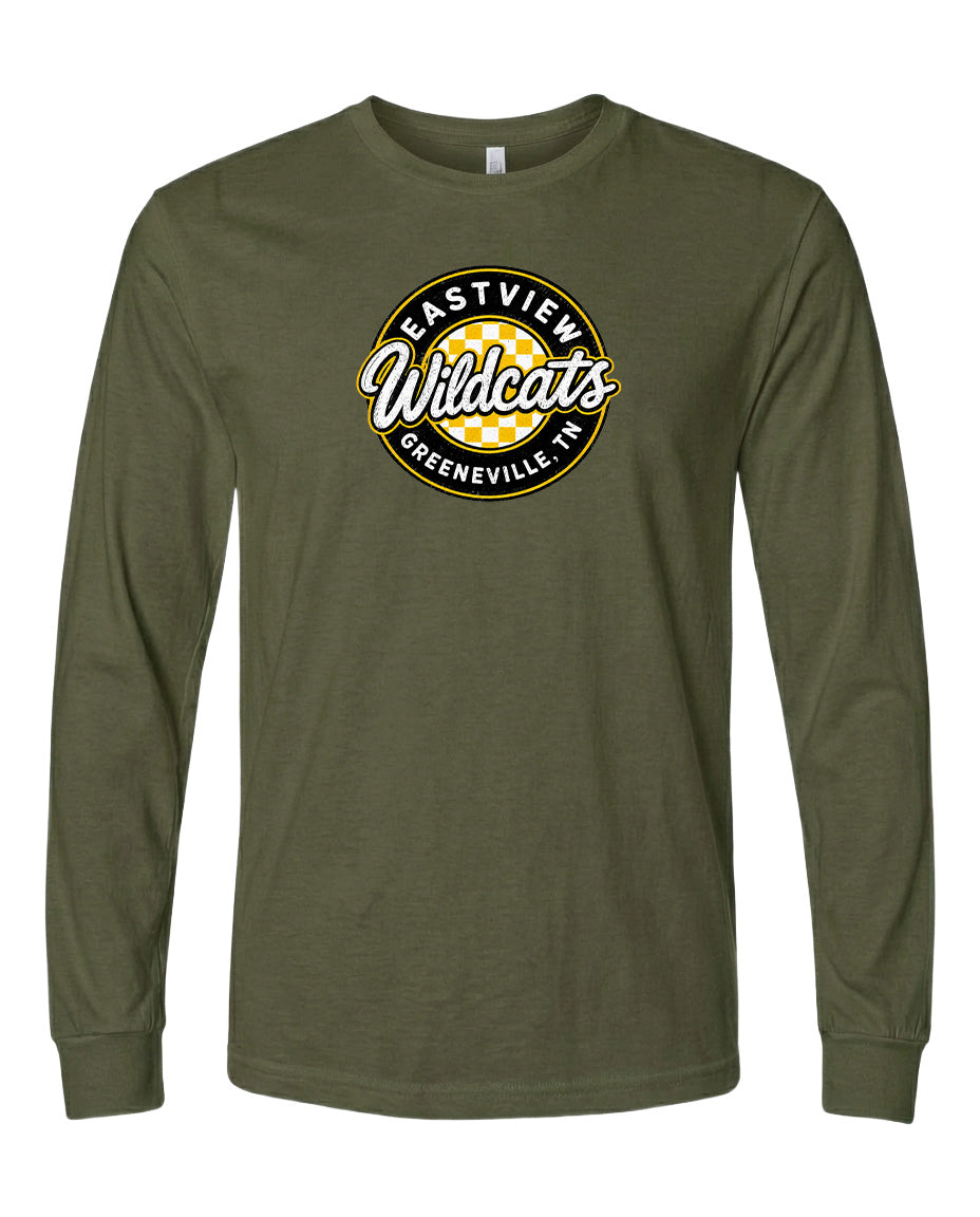 A long-sleeved olive green t-shirt with a circular logo on the front.