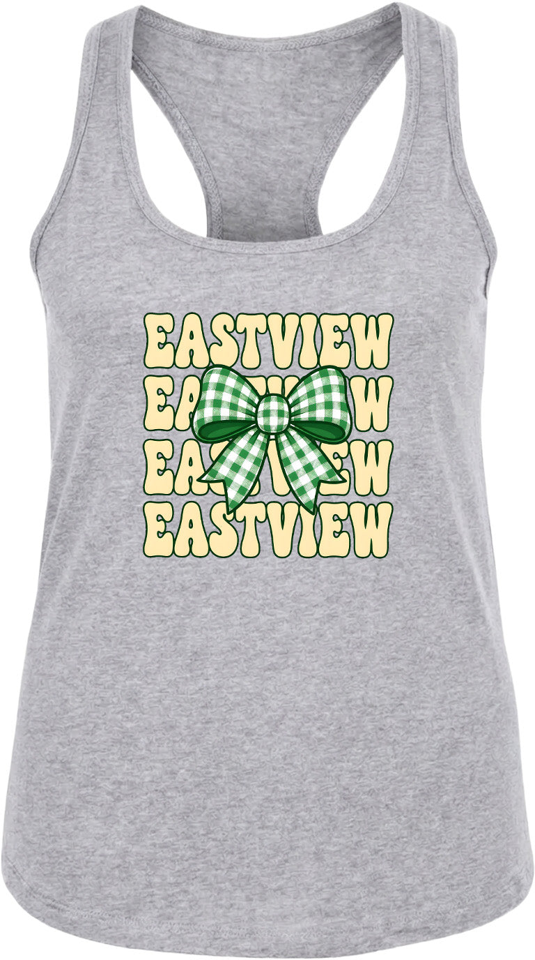 A gray tank top with a green and white checkered bow and the text "EASTVIEW" repeated in a vertical pattern.