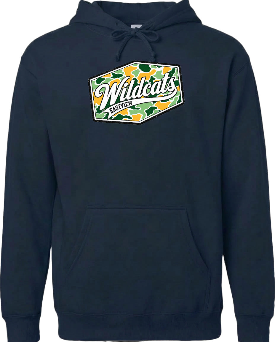 A navy blue hoodie with a graphic design on the front.