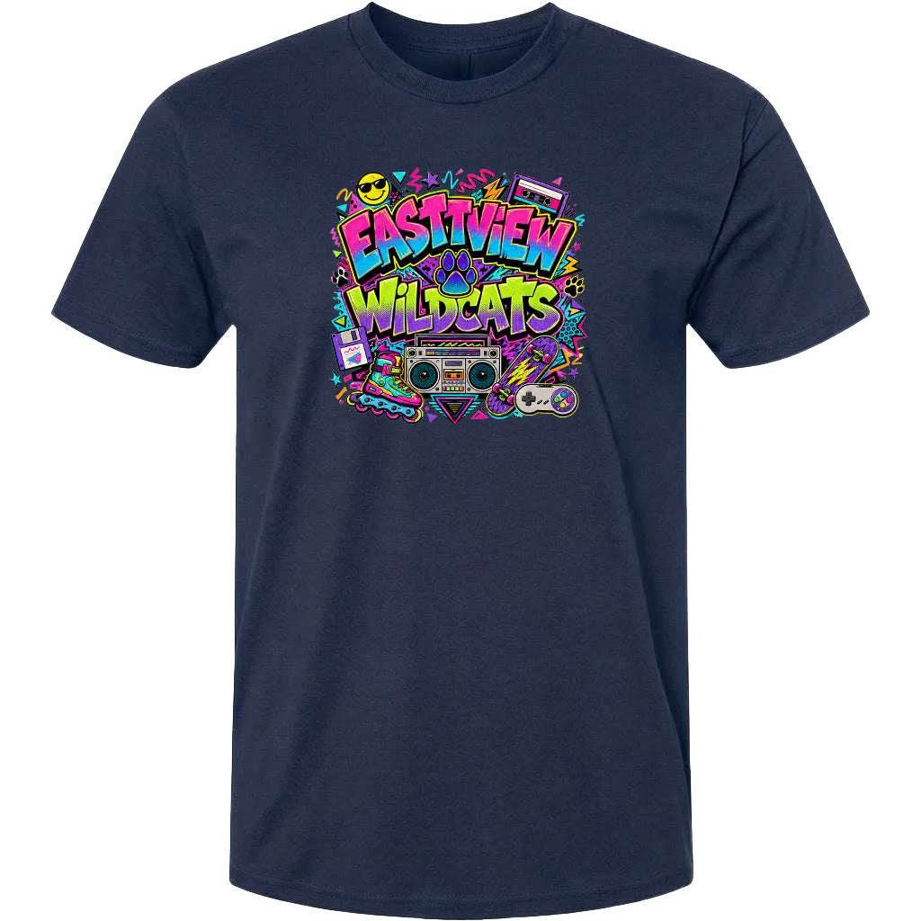 A navy blue t-shirt with a colorful graphic design featuring the text "Eastview Wildcats" surrounded by various icons and symbols, such as a boombox, sunglasses, and a skateboard.