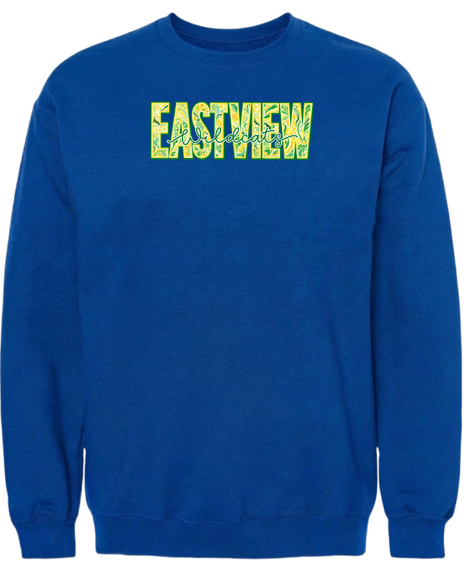A blue sweatshirt with the word "EASTVIEW" printed on it in yellow text.