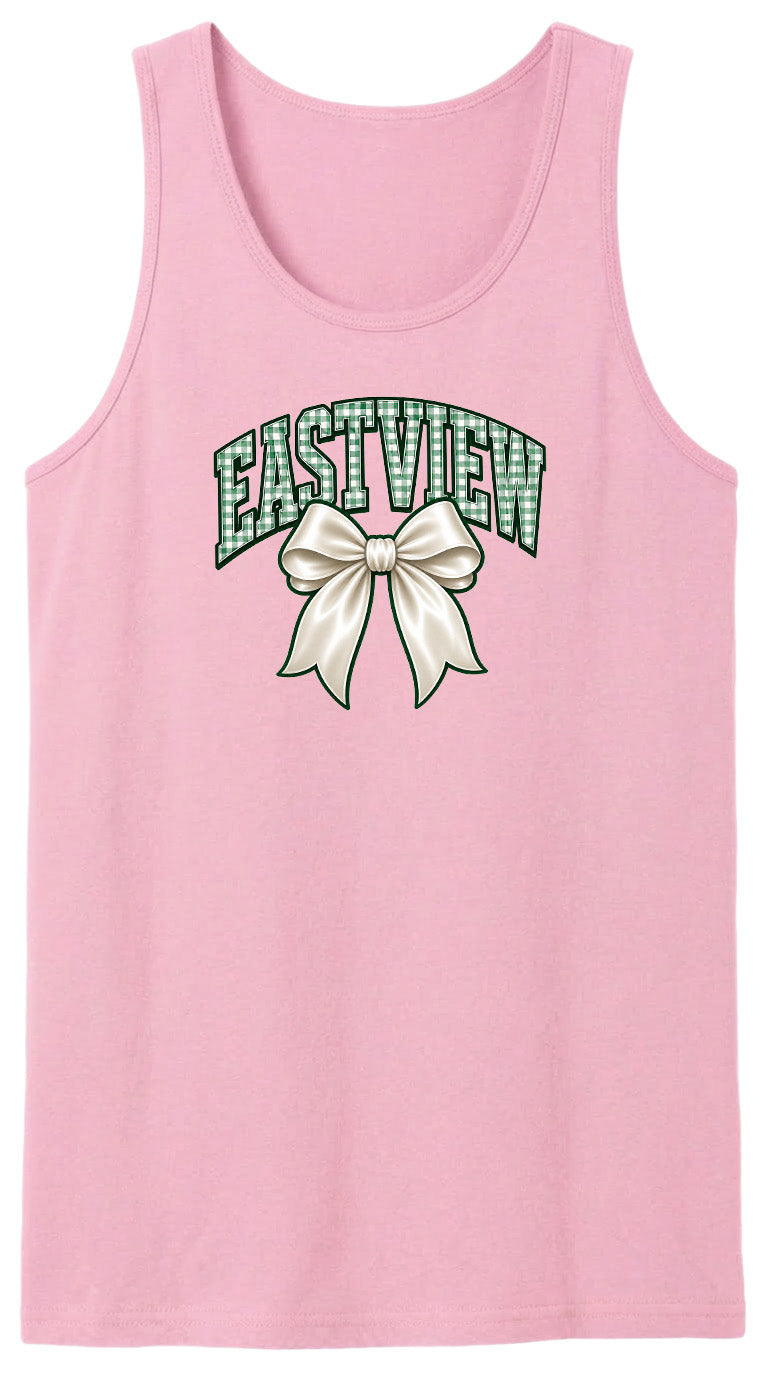 A pink tank top with a bow and the word "EASTVIEW" printed on it.