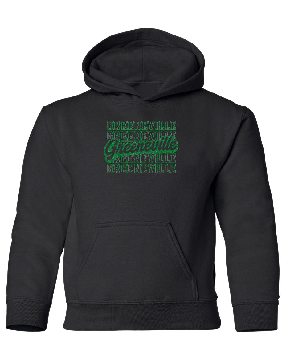 A black hooded sweatshirt with a graphic design on the front.