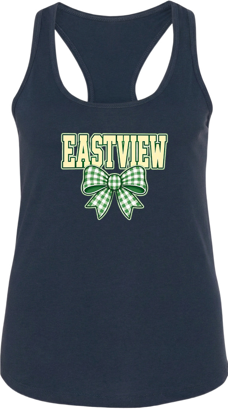 A navy blue tank top with a green bow and the word "EASTVIEW" printed on it.
