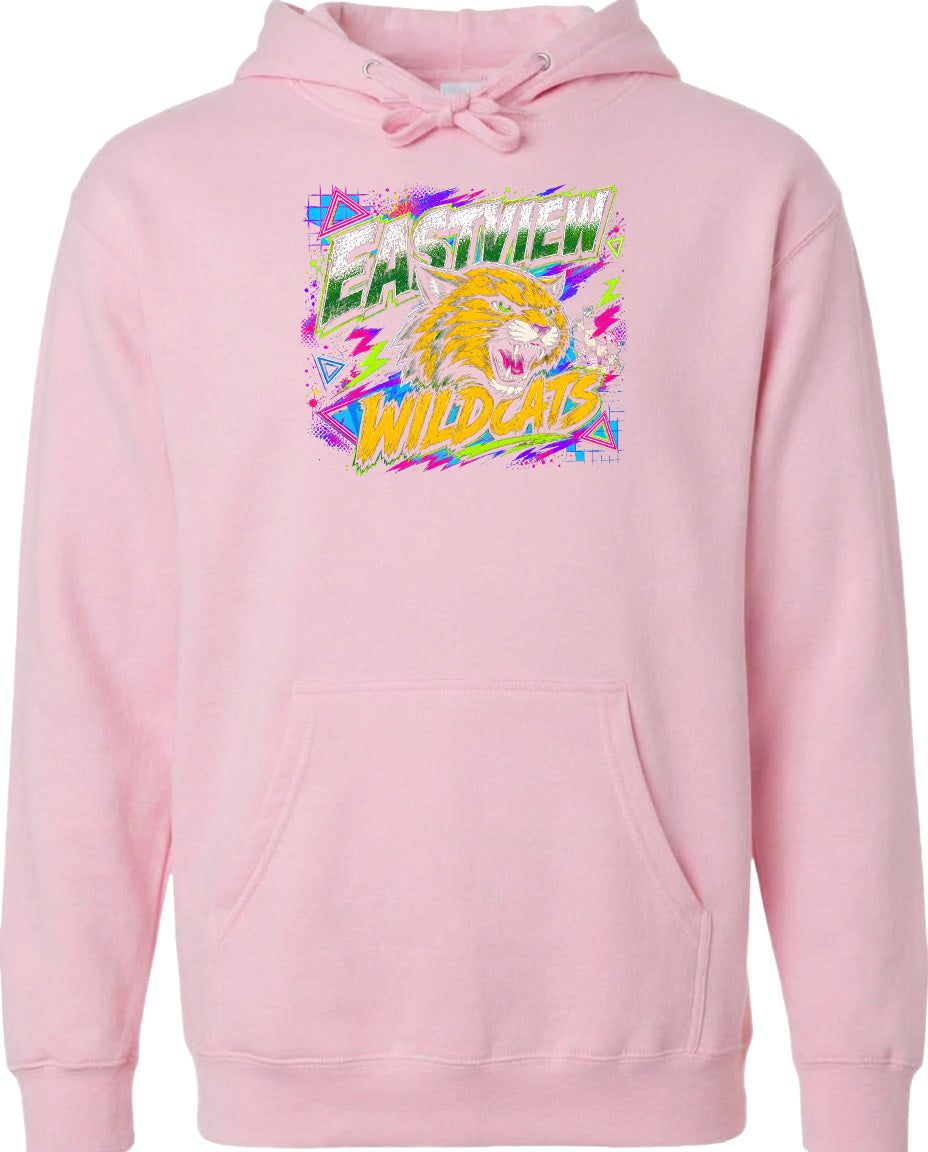 A pink hoodie with a graphic design featuring a cartoon tiger and the text "EASTVIEW WILDCATS".