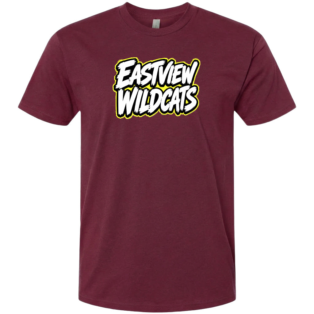 A burgundy-colored t-shirt with the text "EASTVIEW WILDCATS" printed on it in a stylized font.
