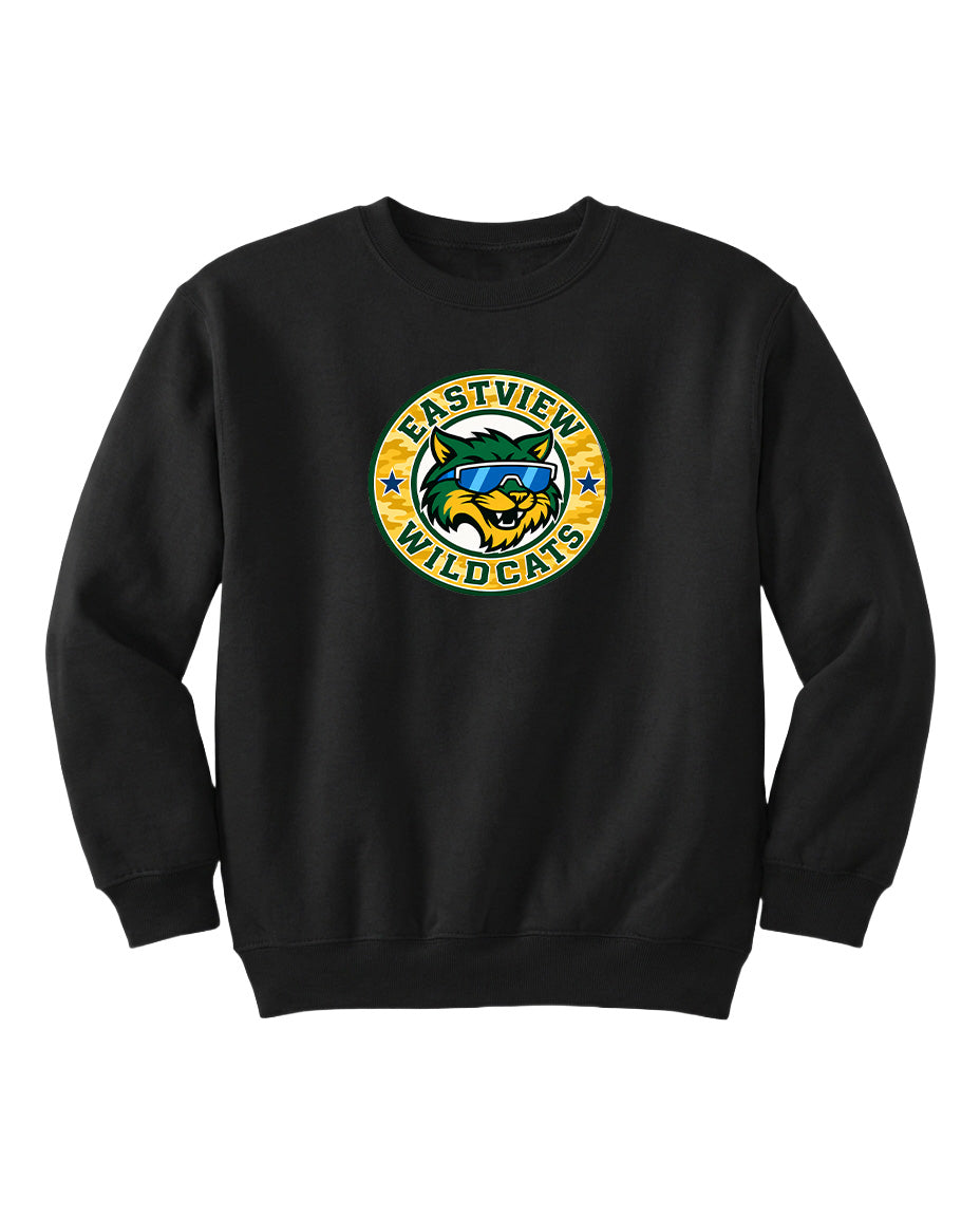 A black sweatshirt with a logo on the front.