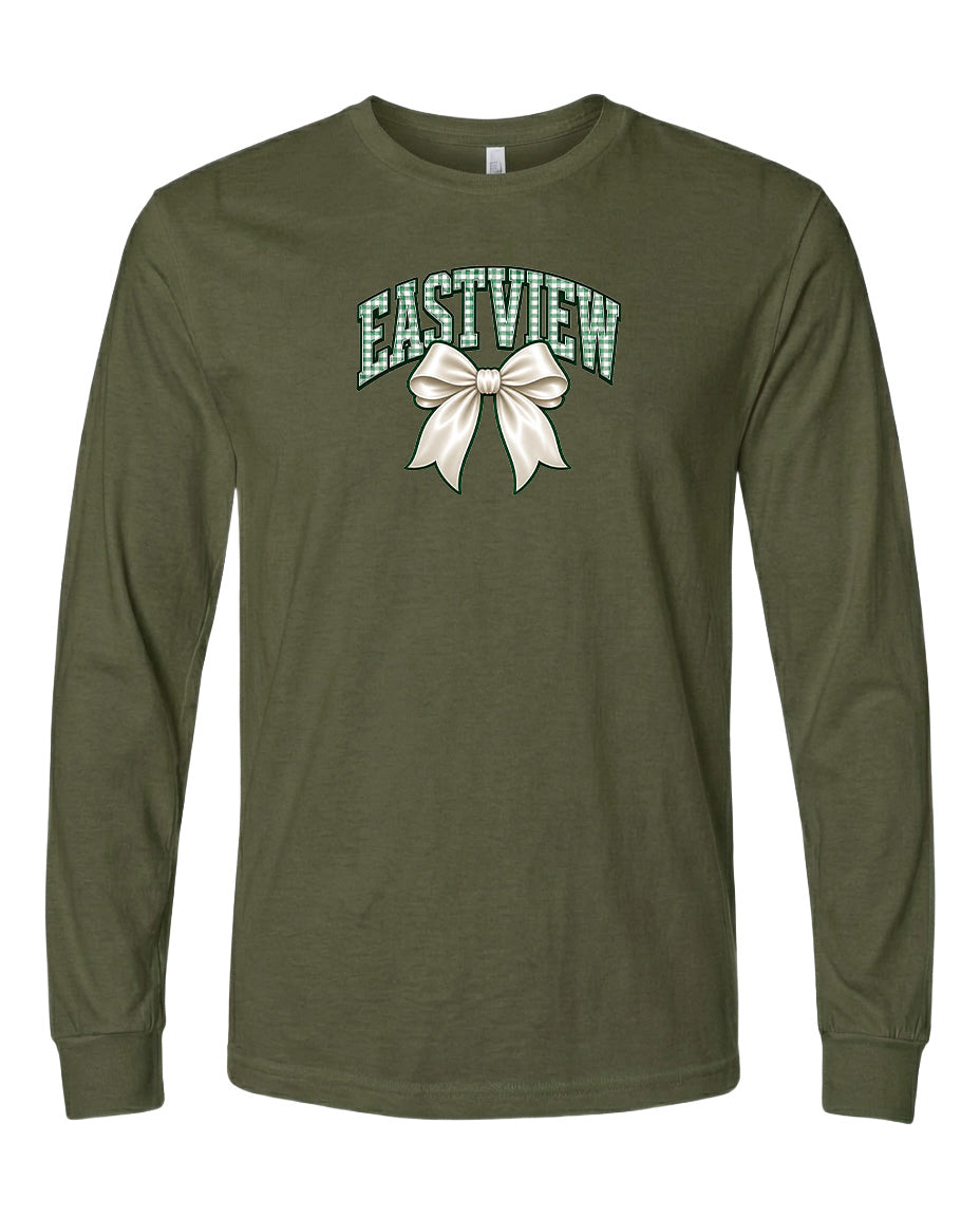 A long-sleeved olive green t-shirt with a graphic design on the front. The design features a white bow and the word "EASTVIEW" written in a stylized font.