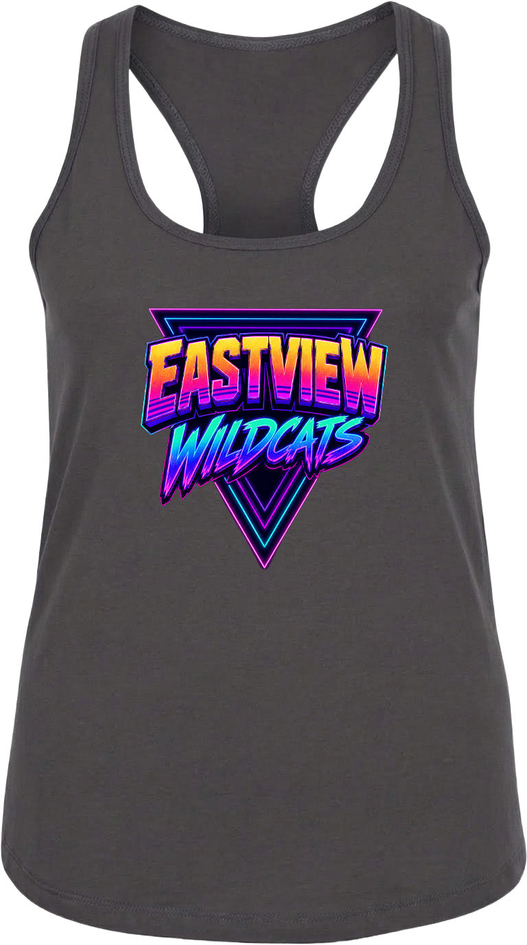 A gray tank top with a graphic design featuring the text "EASTVIEW WILDCATS" in a colorful, retro-style font.