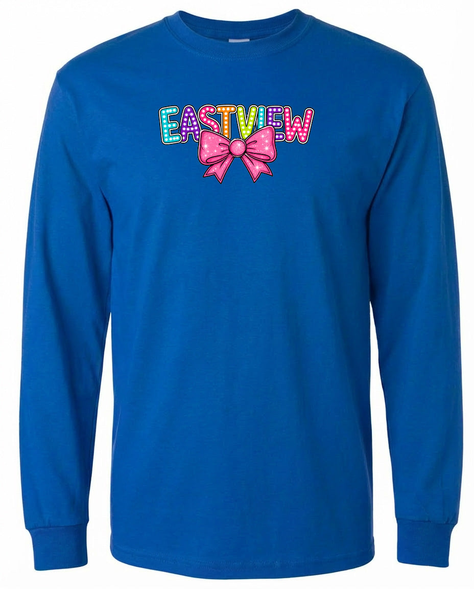 A blue long-sleeved shirt with the word 'EASTVIEW' printed on it in a colorful, stylized font.