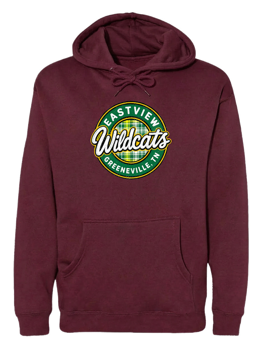 A burgundy-colored hoodie with a circular logo on the front. The logo features the text "EASTVIEW Wildcats Greeneville TN" in a stylized font.