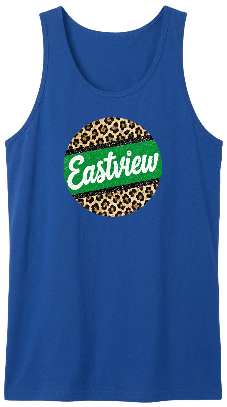 A blue tank top with a leopard print design and the word "Eastview" printed on it.
