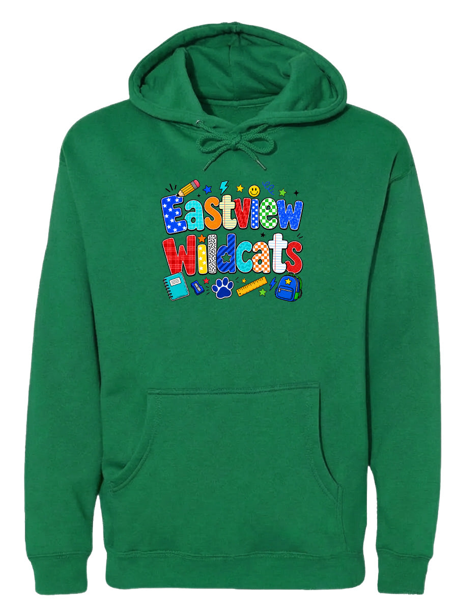 A green hoodie with a colorful graphic design featuring the text "Eastview Wildcats" and various school-related icons.