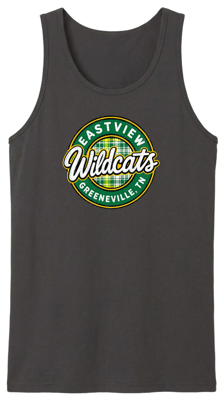 A gray tank top with a circular logo that says "EASTVIEW Wildcats Greeneville, TN".