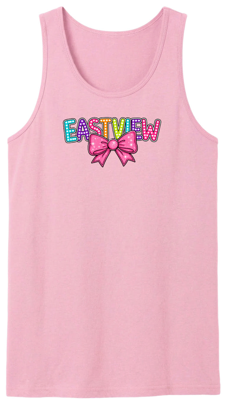 A pink tank top with the word "EASTVIEW" printed on it in a colorful, stylized font.