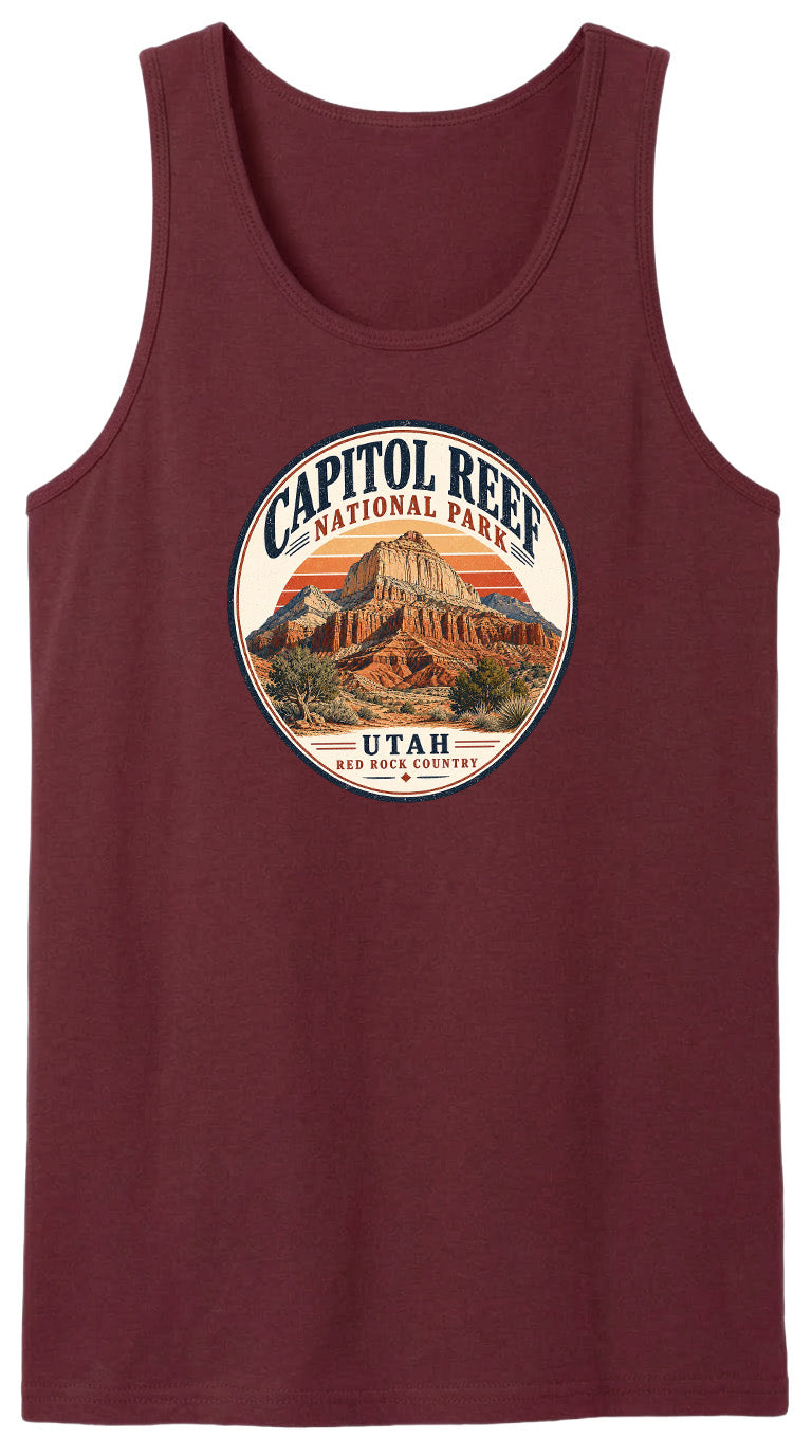 A red tank top with a circular design featuring the Capitol Reef National Park in Utah.