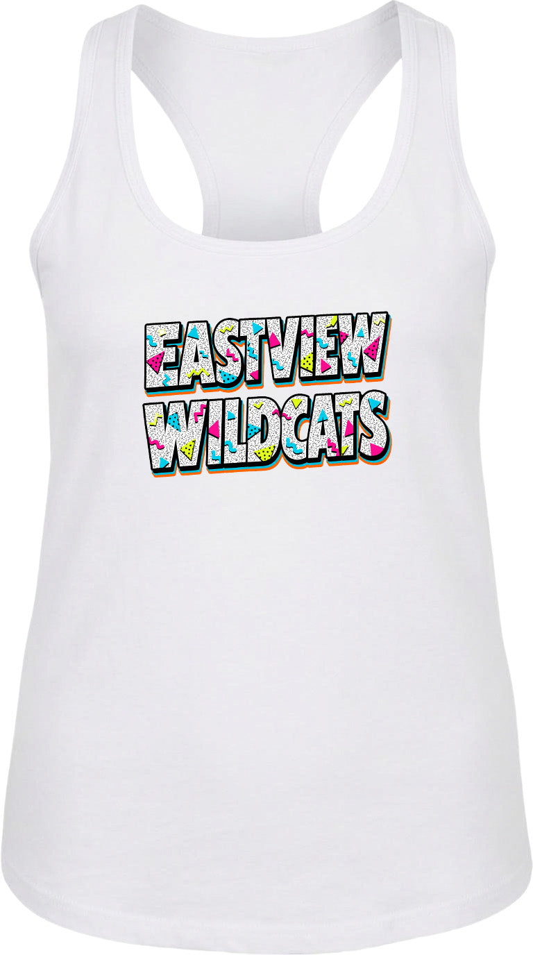 A white tank top with the text "EASTVIEW WILDCATS" printed on it.