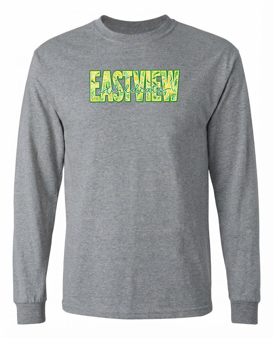 A gray long-sleeved t-shirt with the word "EASTVIEW" printed in green and yellow letters across the front.