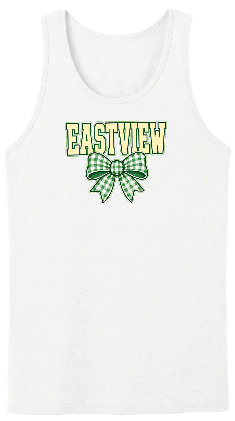 A white tank top with the text "EASTVIEW" and a green and white plaid bow graphic printed on it.