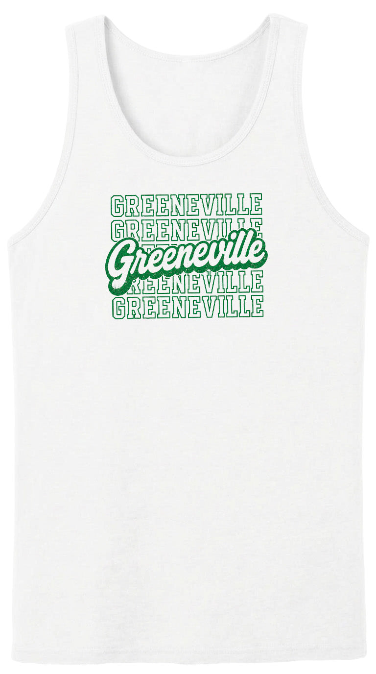 A white tank top with the text "GREENVILLE" printed in green on it.
