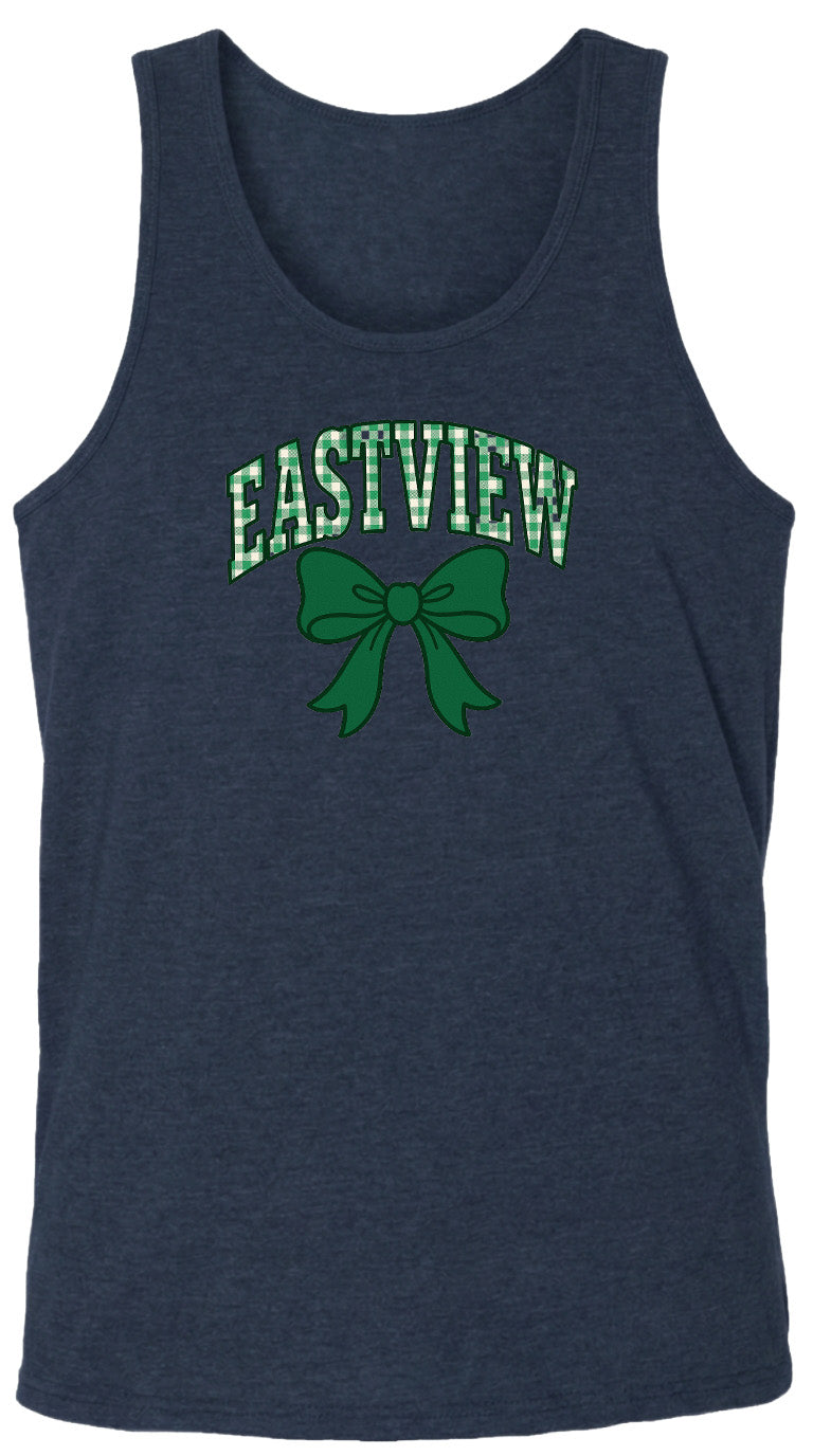 A navy blue tank top with a green bow and the text "EASTVIEW" printed on it.
