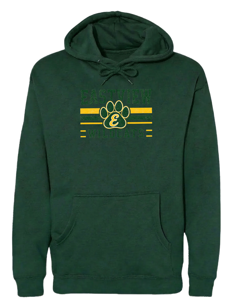 A dark green hoodie with a graphic design on the front.