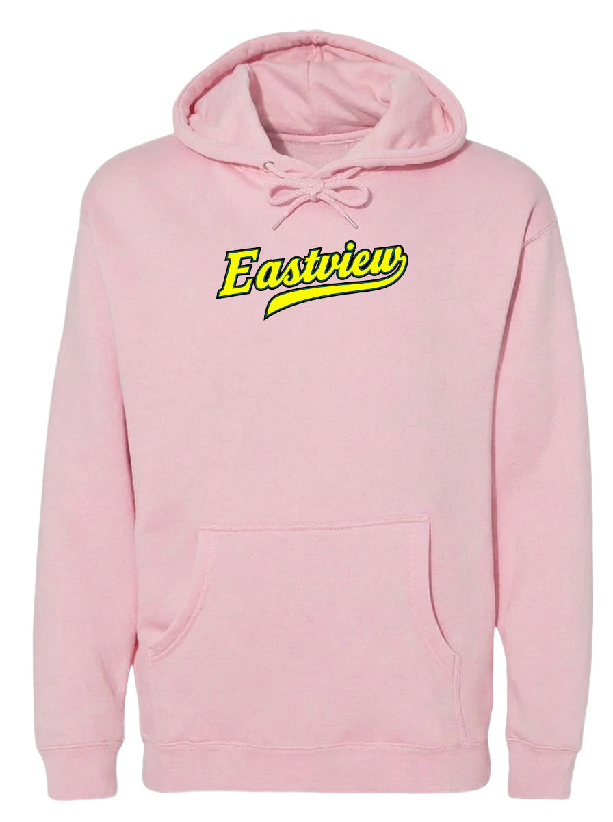 A pink hoodie with the word "Eastview" printed on it in yellow text.