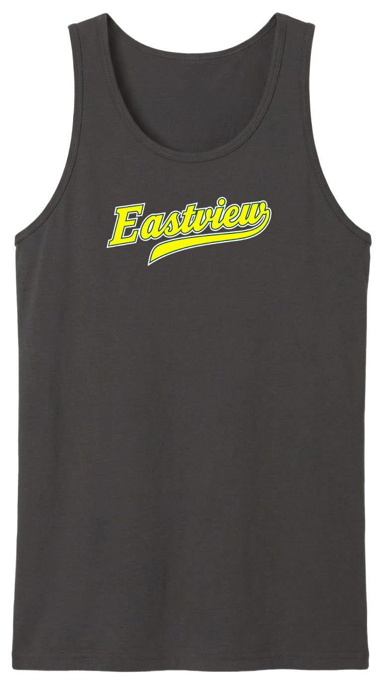 A black tank top with a yellow text logo on it.