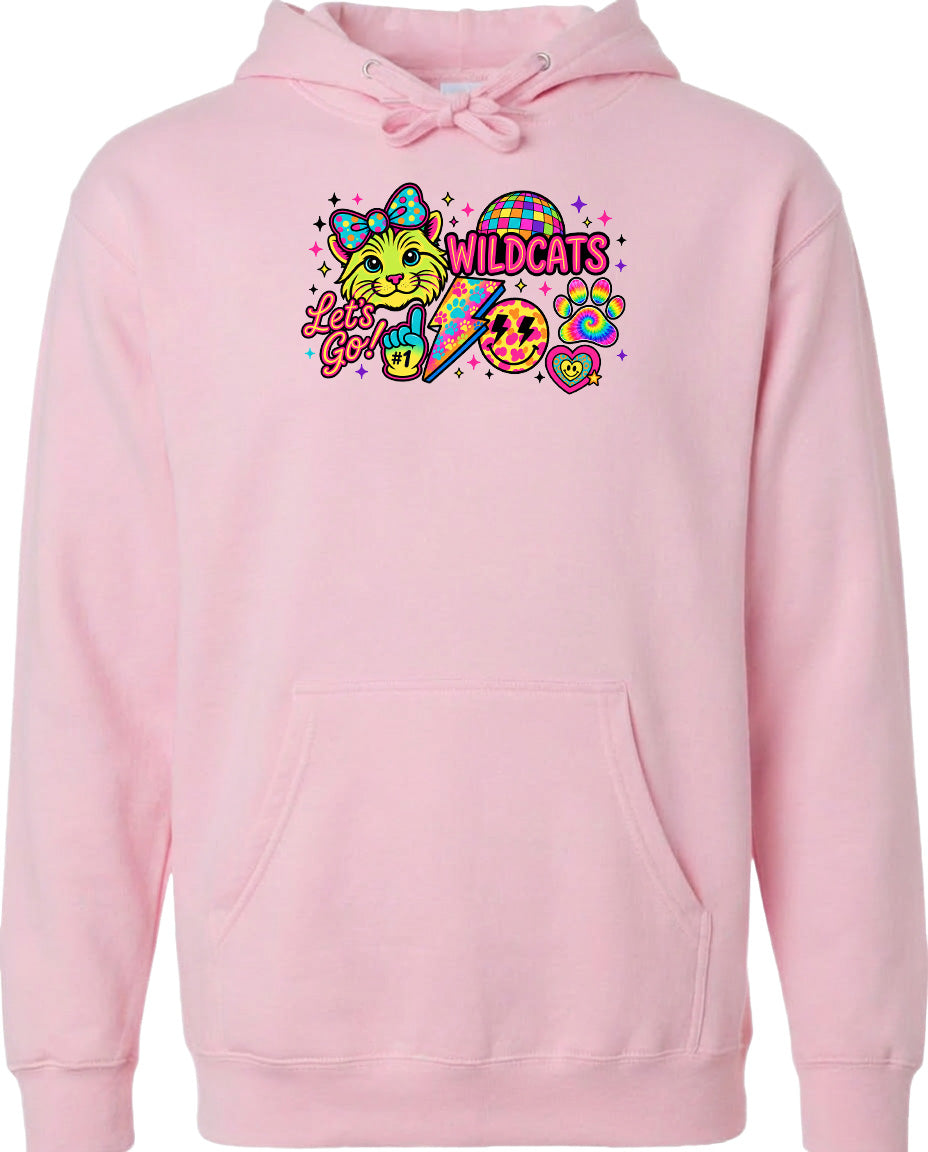 A pink hoodie with a colorful graphic design featuring a cat, a heart, and the text "Let's Go!"