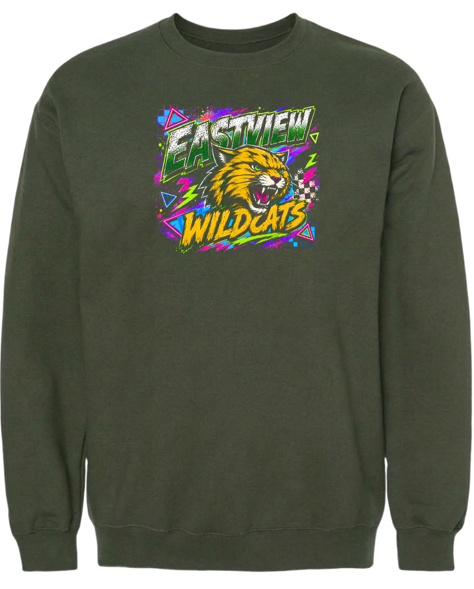 A dark green sweatshirt with a graphic design featuring a fierce-looking cat and the text "EASTVIEW WILDCATS" in a colorful, retro-style font.