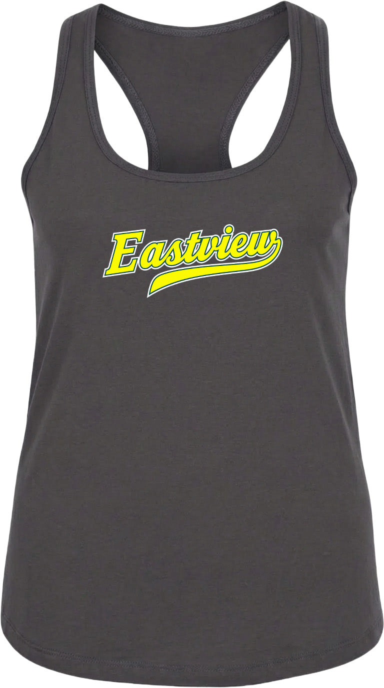 A gray tank top with the word "Eastview" printed in yellow on the front.