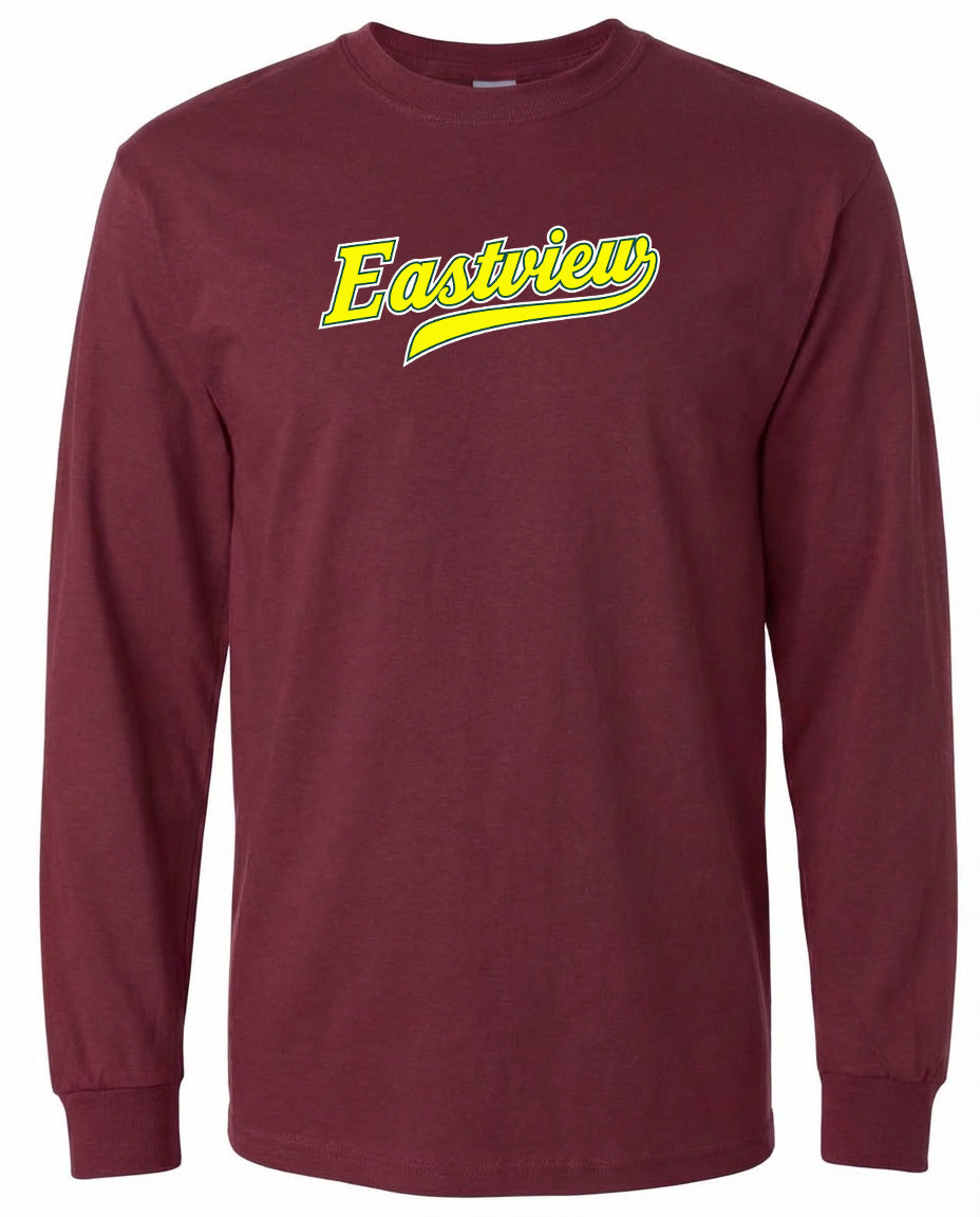 A burgundy long-sleeved t-shirt with the word "Eastview" printed in yellow on the front.