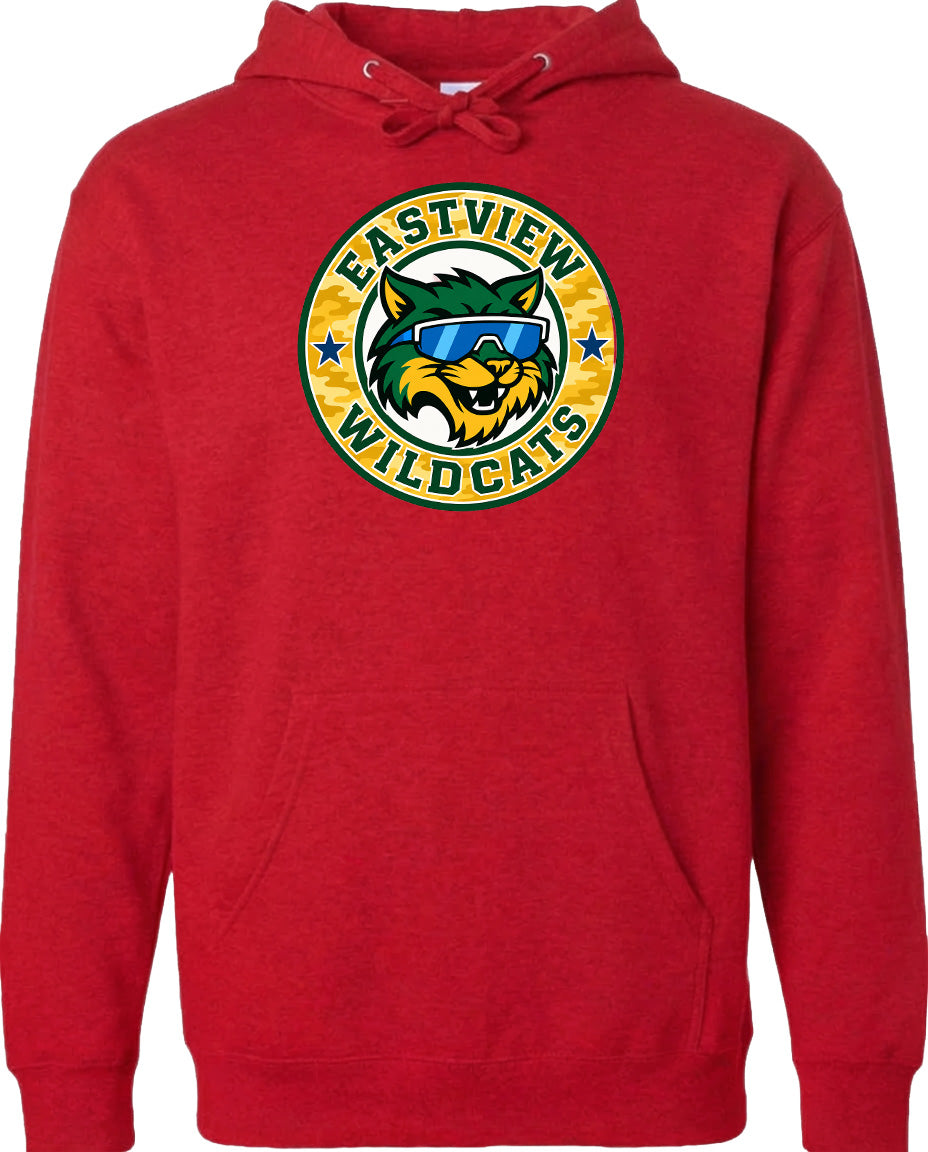 A red hoodie with a graphic of a cat wearing sunglasses and the text "EASTVIEW WILDCATS" printed on it.