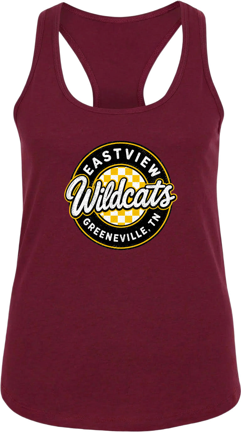 A burgundy tank top with a graphic design featuring the text "EASTVIEW Wildcats Greeneville, TN" in a circular pattern.