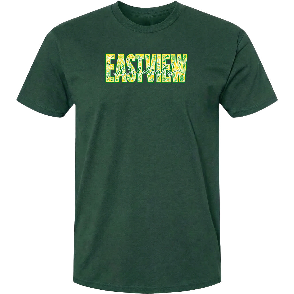 A dark green t-shirt with the text "EASTVIEW" printed on it in a stylized font.