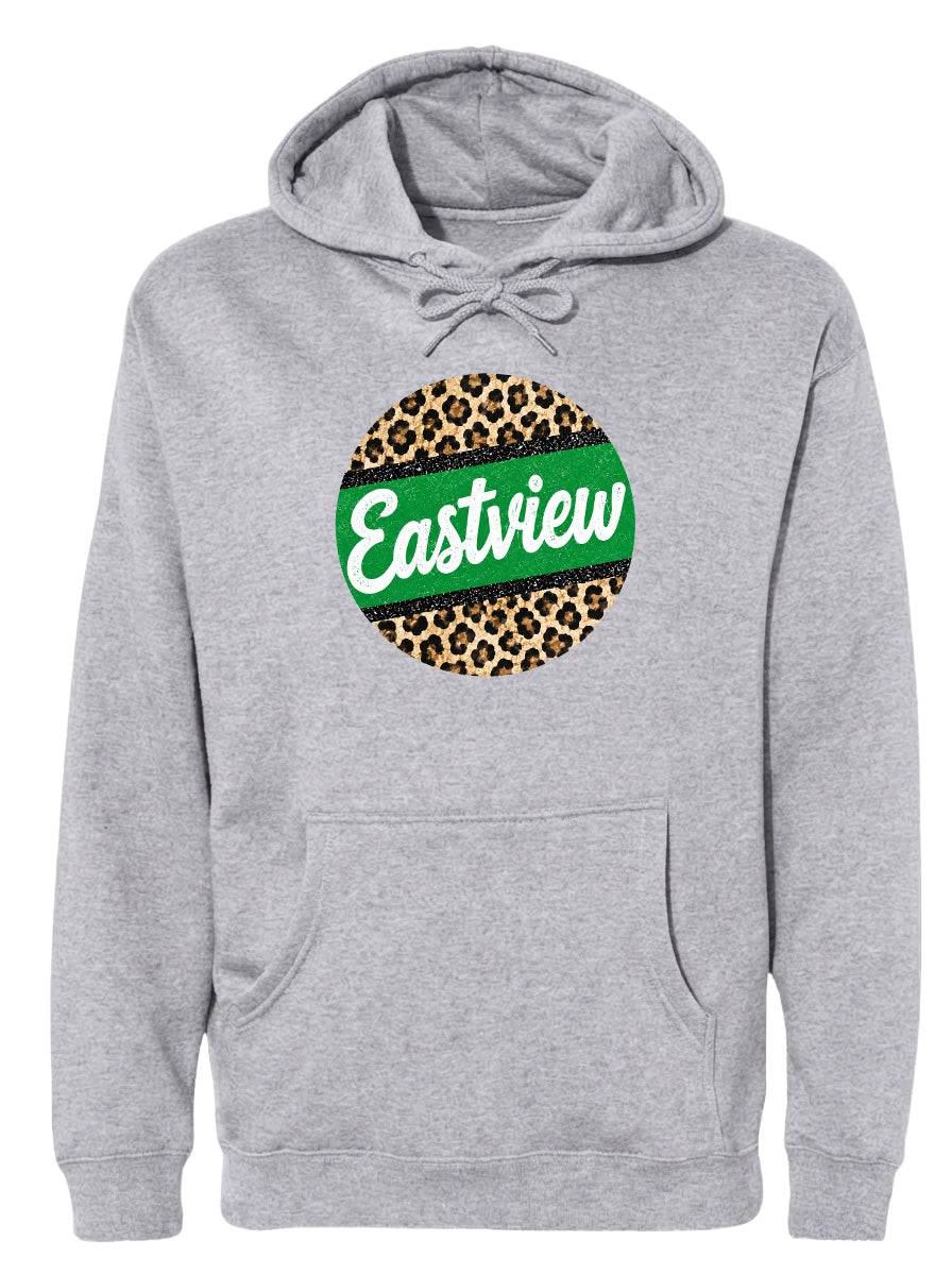 A gray hoodie with a leopard print design and the word "Eastview" printed on it.