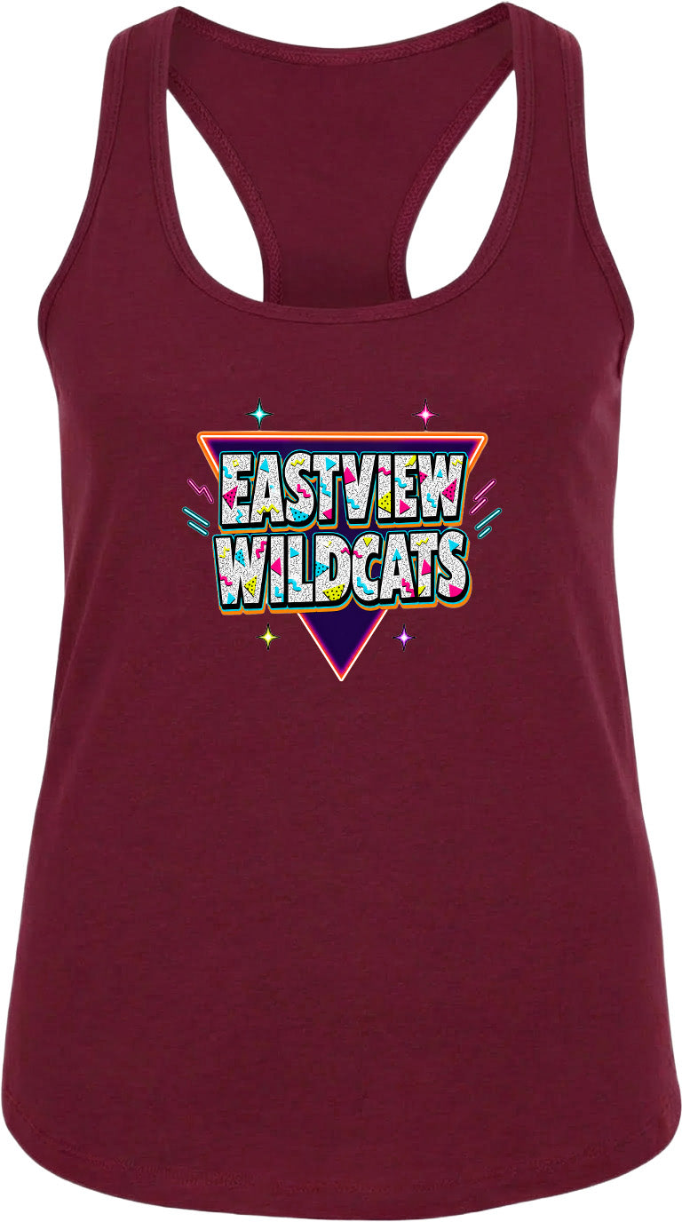 A burgundy-colored tank top with a graphic design featuring the text "EASTVIEW WILDCATS" in a colorful, retro-style font.