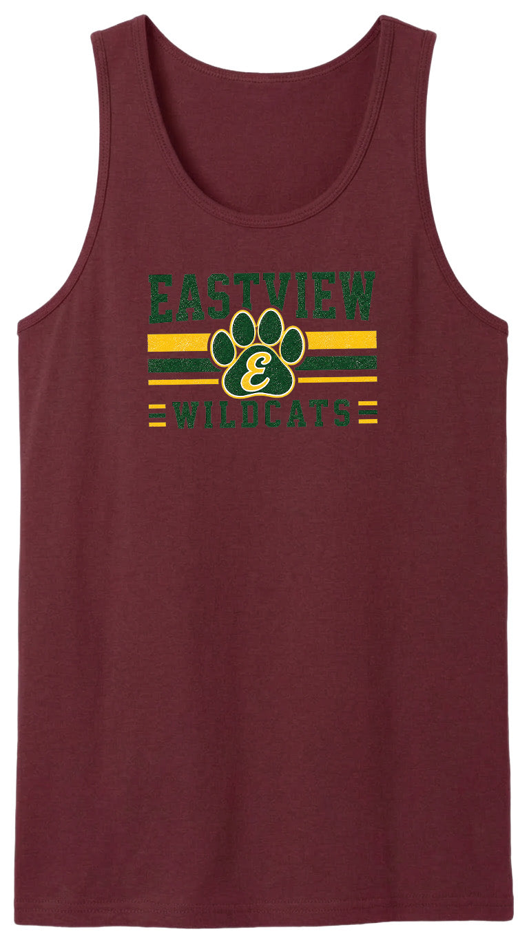A burgundy tank top with a graphic design featuring a paw print and the text "EASTVIEW WILDCATS".