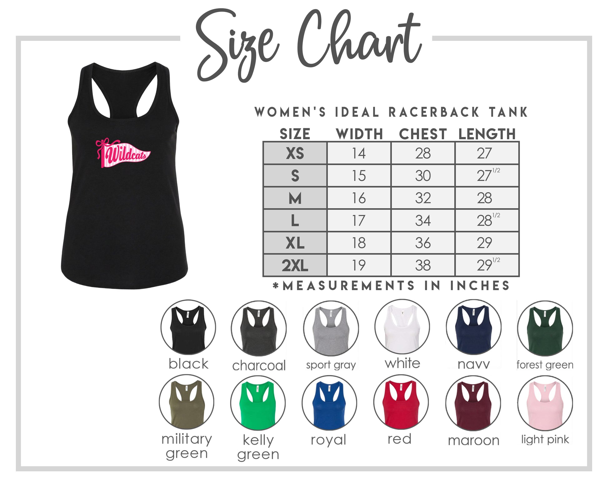 The image is a size chart for a women's ideal racerback tank, including various color options and corresponding chest measurements.
