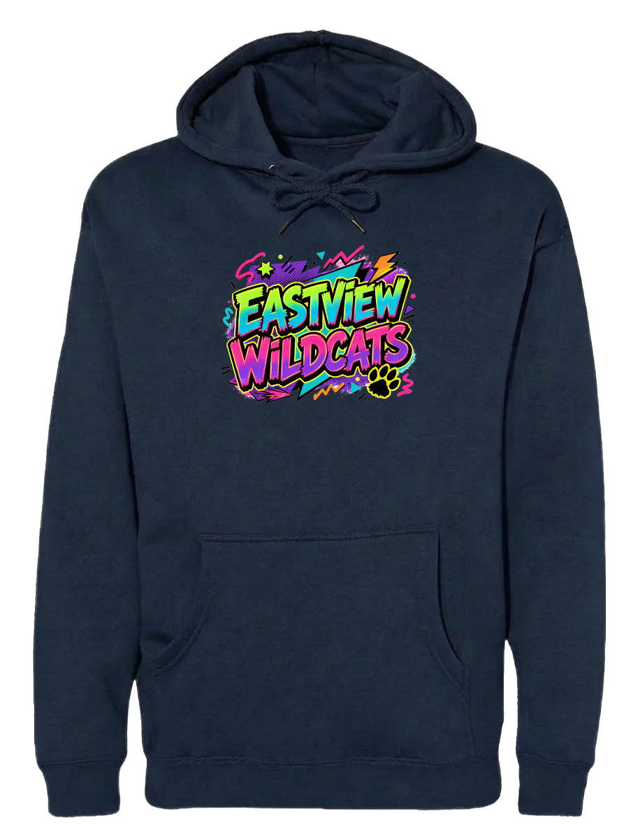 A navy blue hoodie with a colorful graphic design on the front.