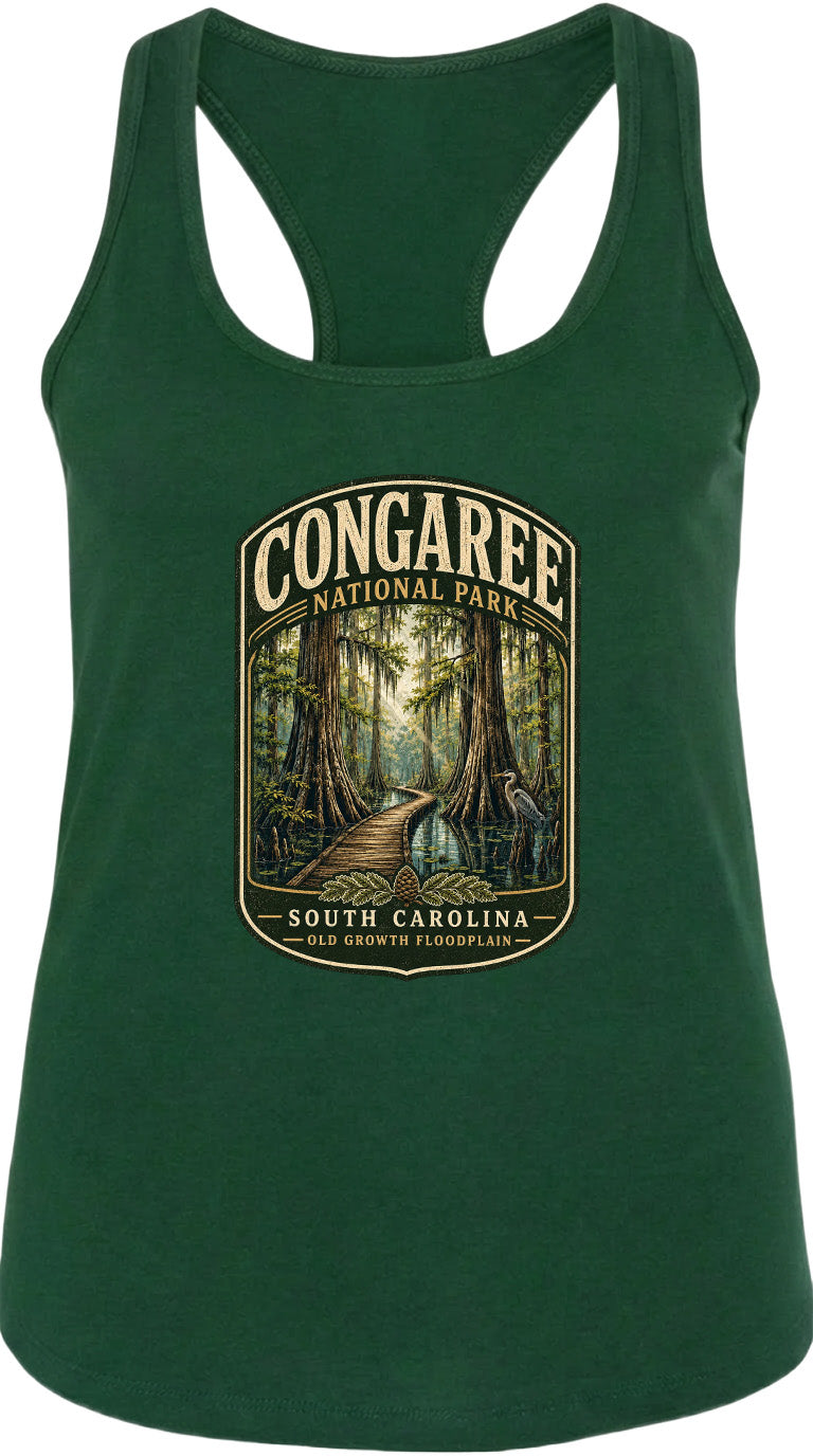 A green tank top with a graphic design depicting a forest scene with a path leading through it, surrounded by trees and foliage.