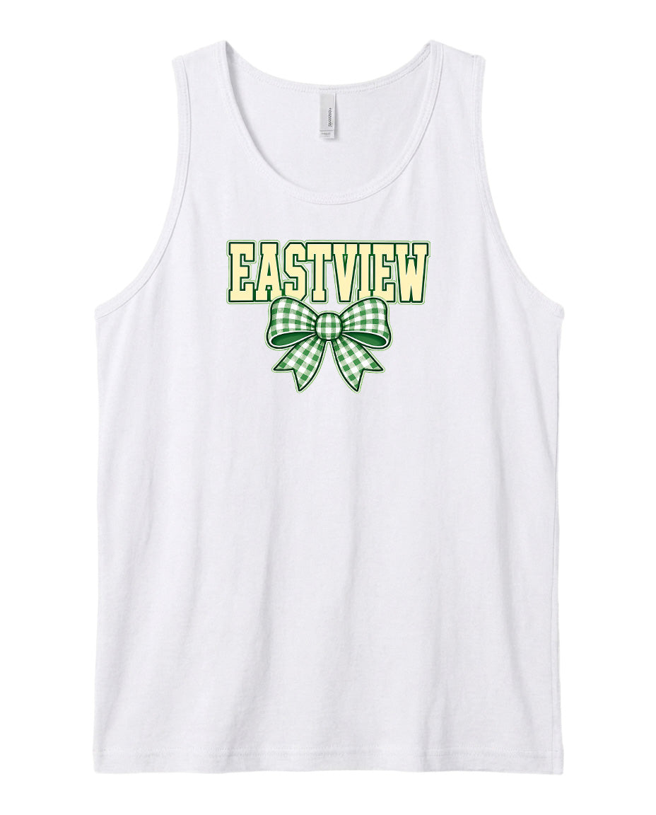 A white tank top with the text "EASTVIEW" and a green and white bow graphic printed on it.