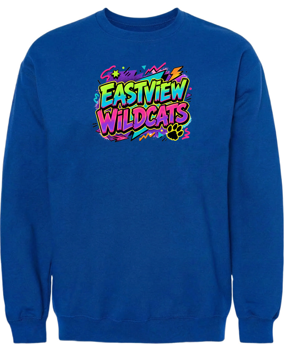 A blue sweatshirt with a colorful graphic design featuring the text "EASTVIEW WILDCATS" in a vibrant, graffiti-style font.