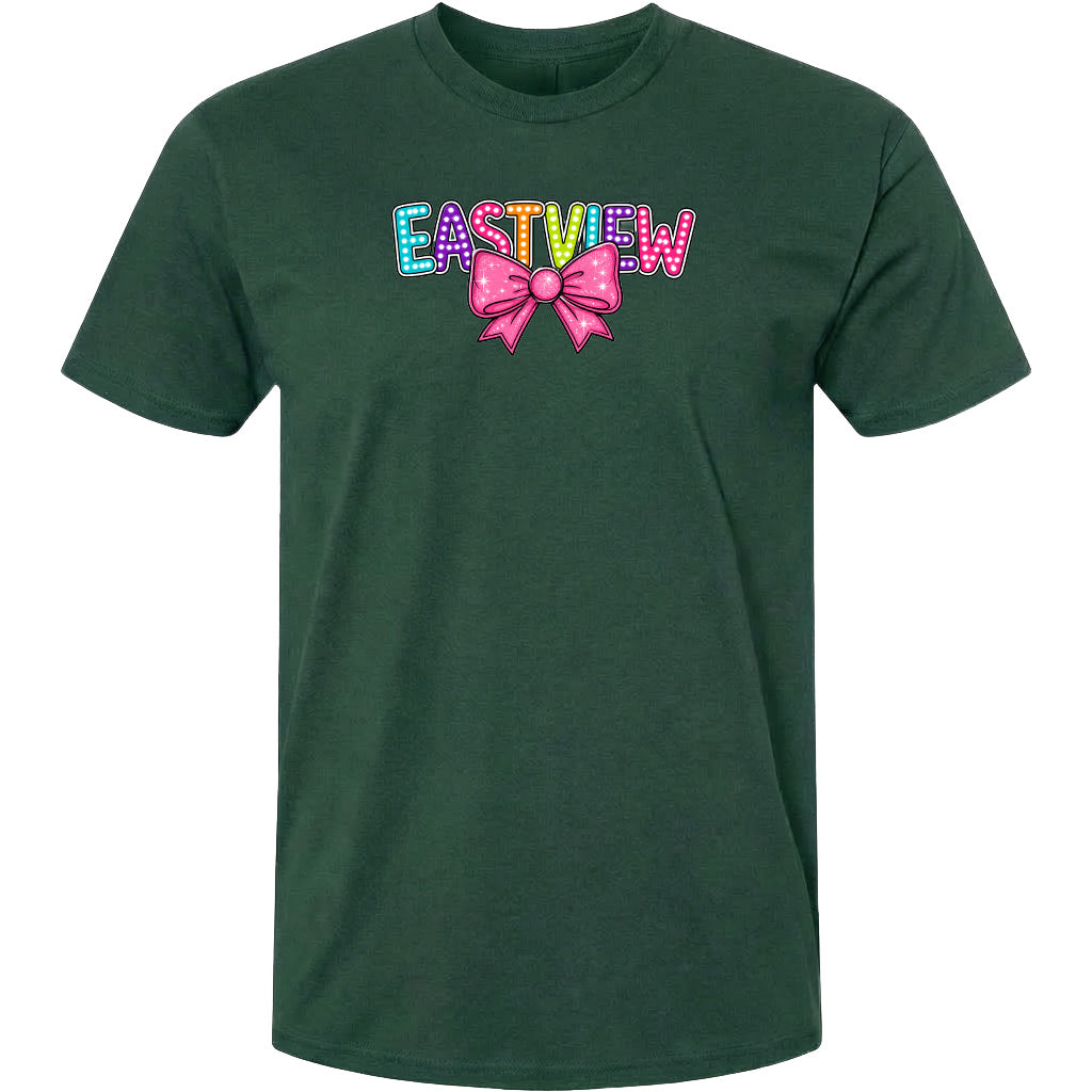A green t-shirt with a colorful bow and the word "EASTVIEW" printed on it.