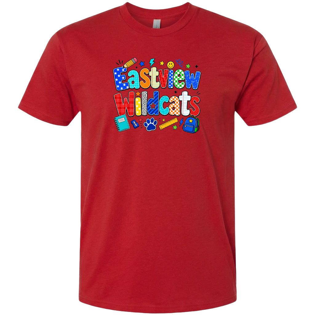 A red t-shirt with a colorful graphic design featuring the text "Eastview Wildcats" and various school-related icons such as a pencil, backpack, and book.