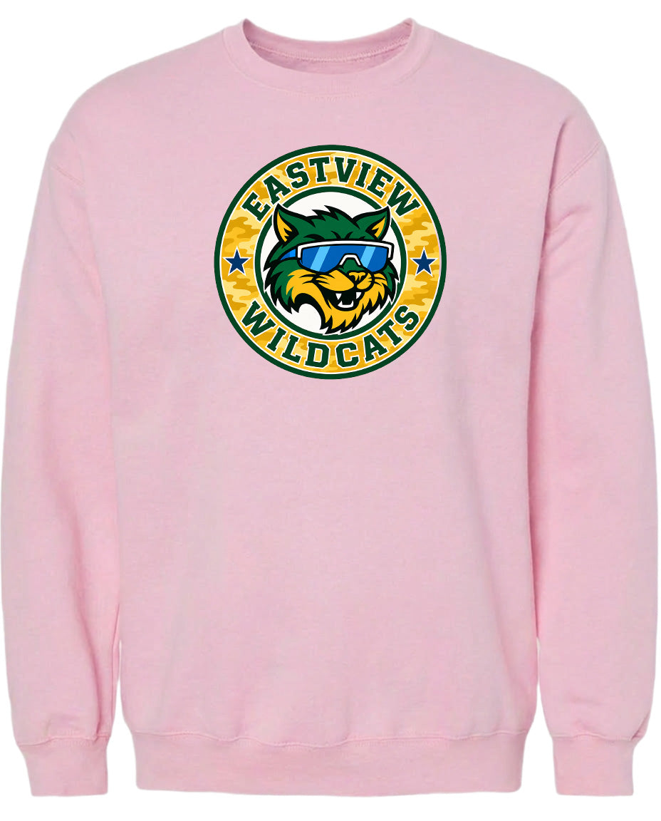 A pink sweatshirt with a graphic design featuring a cartoon cat wearing sunglasses and the text "EASTVIEW WILDCATS" around it.